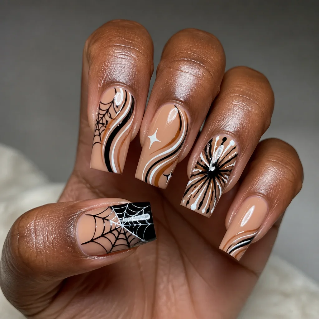 Square, nude-colored nails in a swirl technique spider web style, perfect for deep skin tones and celebrations.