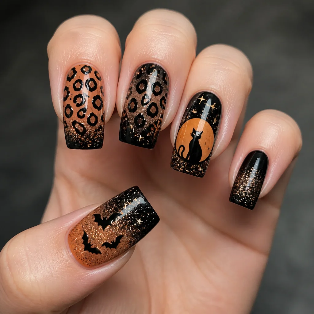Fair skin? Try square black nails with a Halloween theme, cheetah print style, and ombre glitter technique.