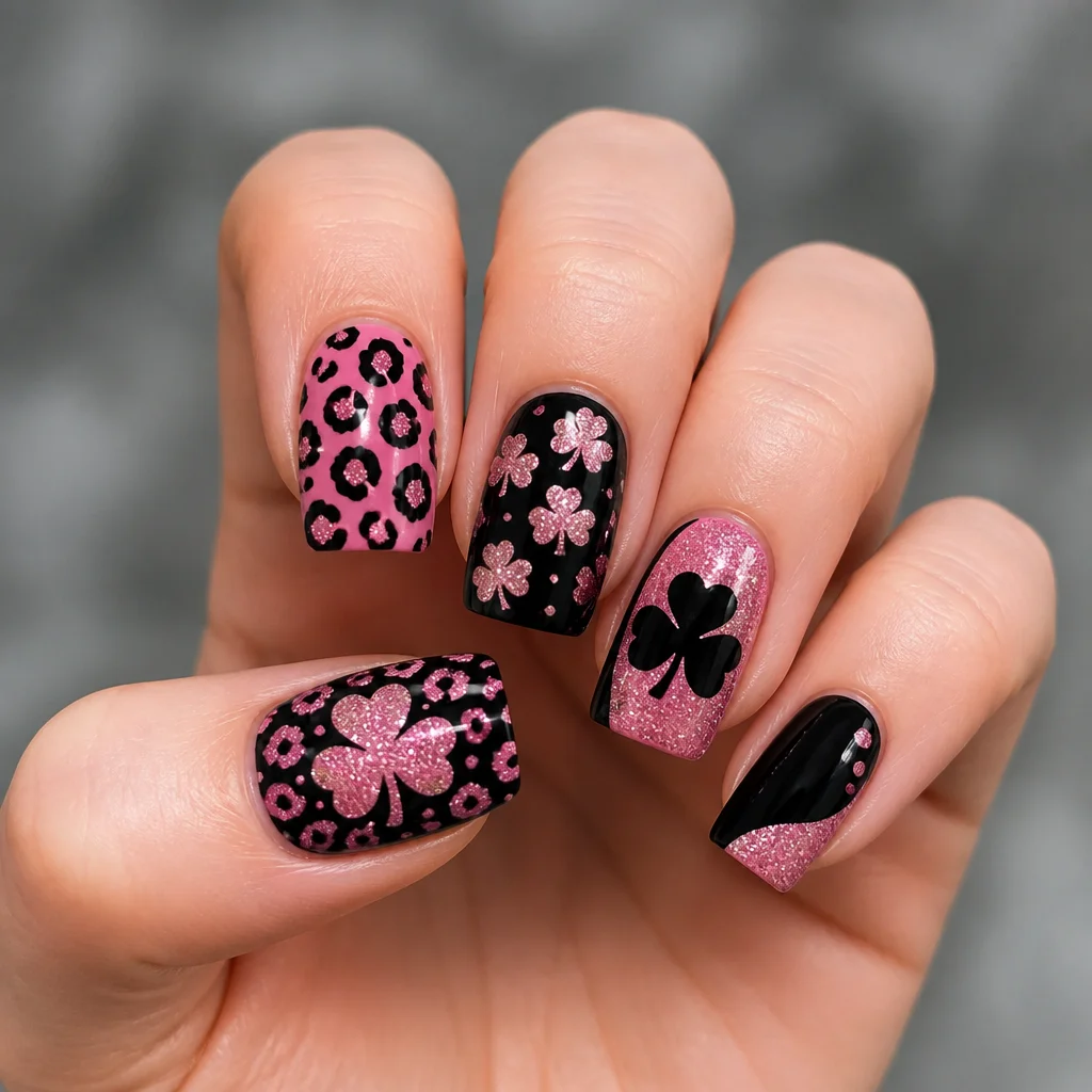 Light skin tone featuring square-shaped pink and black nails. Adorned with glitter for St. Patrick's Day cheetah style.