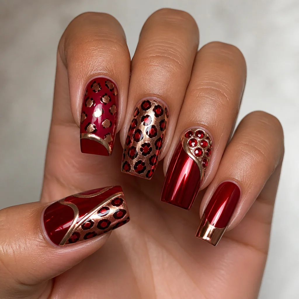 Spectacular red, square-shaped nails with cheetah print for a bold wedding theme. Chromed, ideal for medium-olive skin.