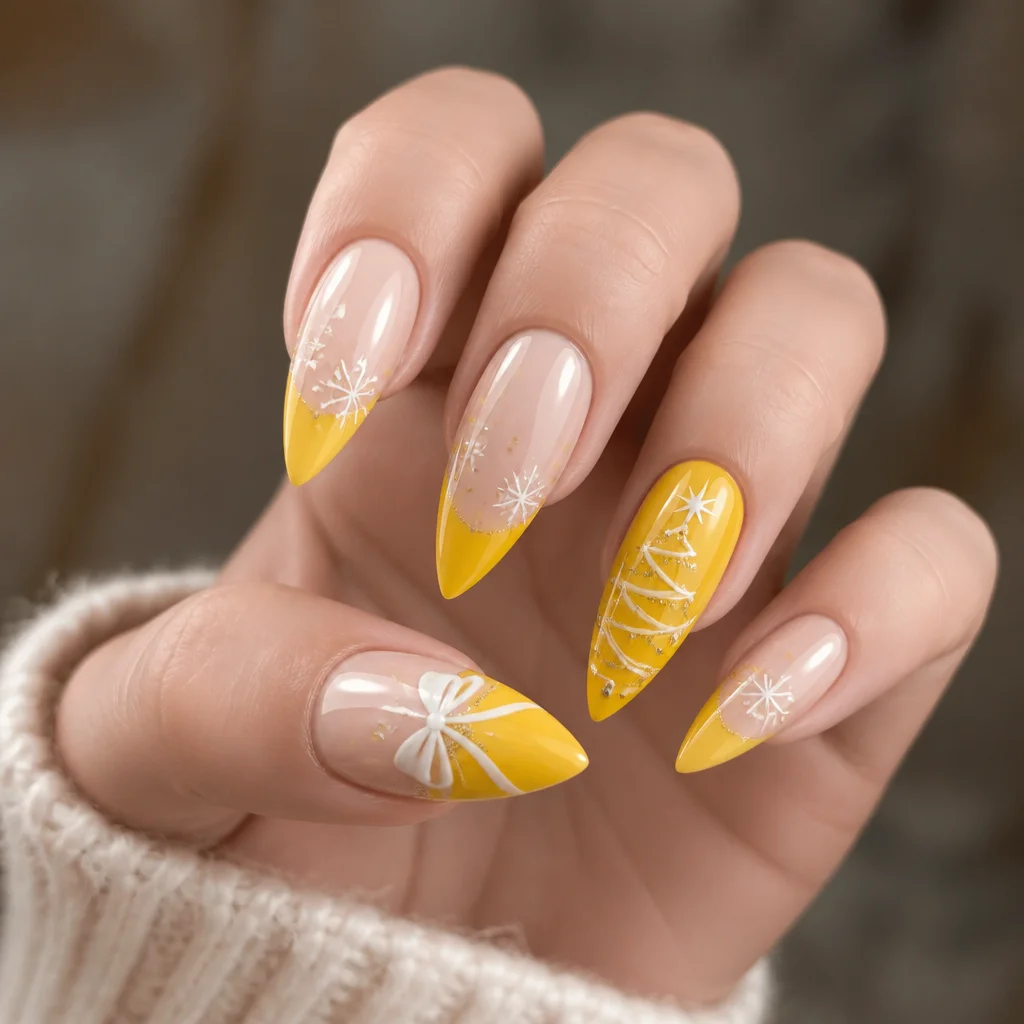 Yellow stiletto-shaped nails with a professional Christmas theme. French tip technique suitable for fair skin.