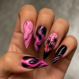 Chic pink and black summer-themed marble stiletto nails. Perfect for medium-olive skin tones.