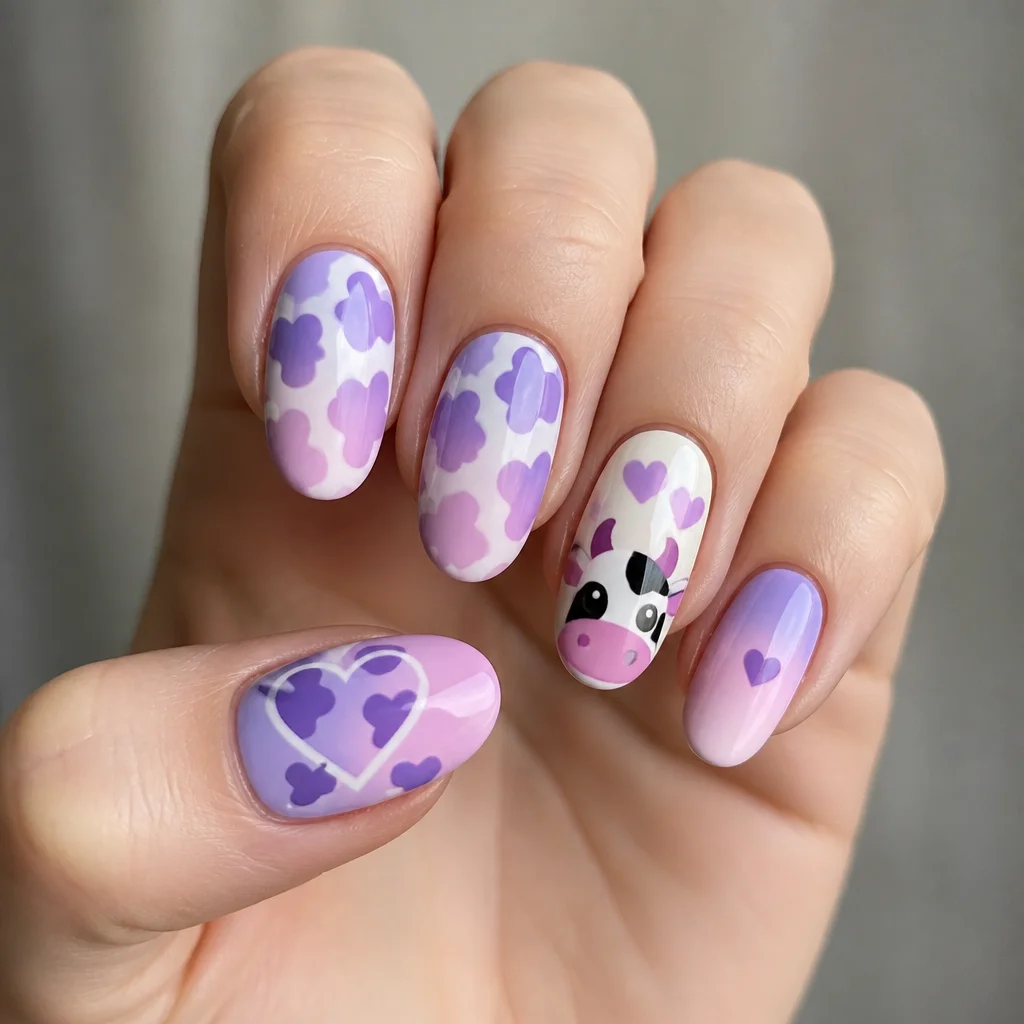 For a light-skinned tone, opting for an oval-shaped ombré style with a Valentine's Day themed cow design in light purple.