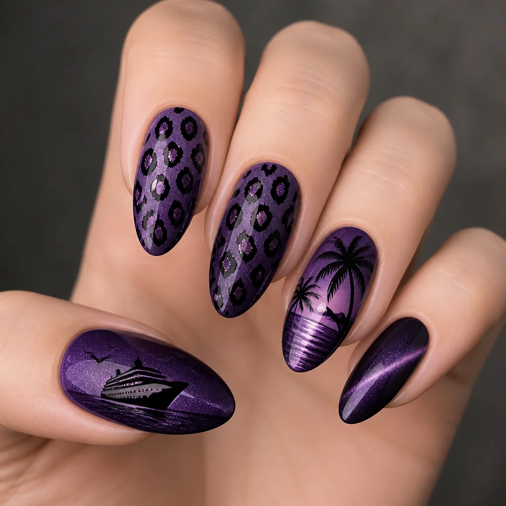 Flaunt your light skin tone with almond-shaped, dark purple cat eye nails with a leopard print, cruise theme.