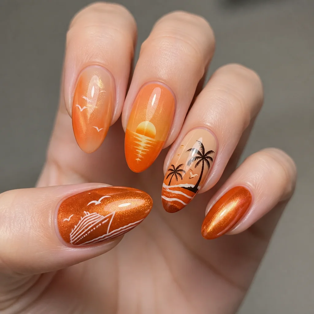 Vibrant orange almond-shaped nails for light skin tone, embracing the trendy cruise theme with a cat eye technique.