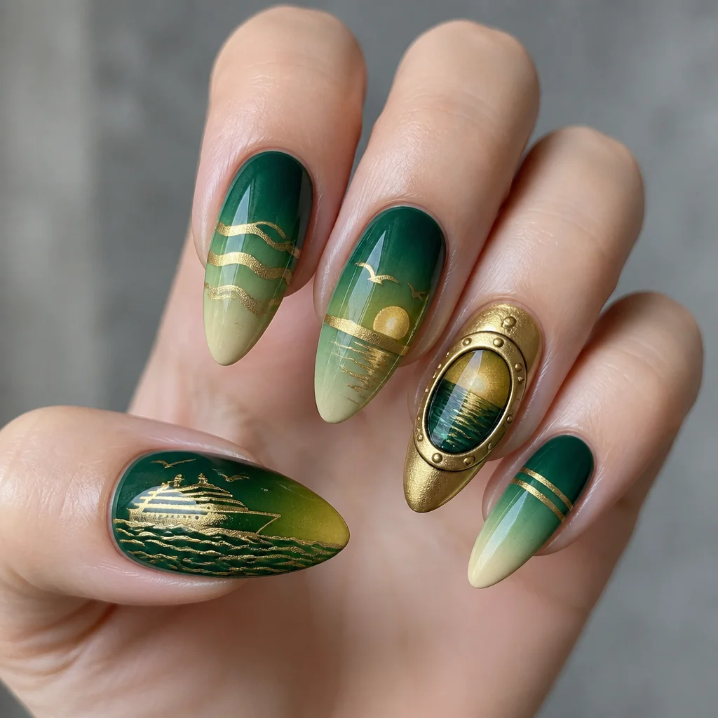 Show off your light-tone skin with almond-shaped nails featuring cruise-themed 3D artistry, ombre techniques in green and gold.