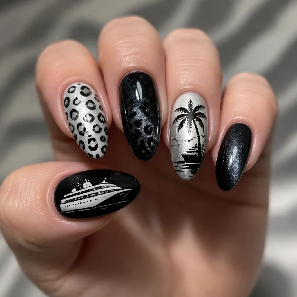 Get the dazzling black & white, leopard print cat eye almond nails perfect for cruise outings for light-skinned tones.