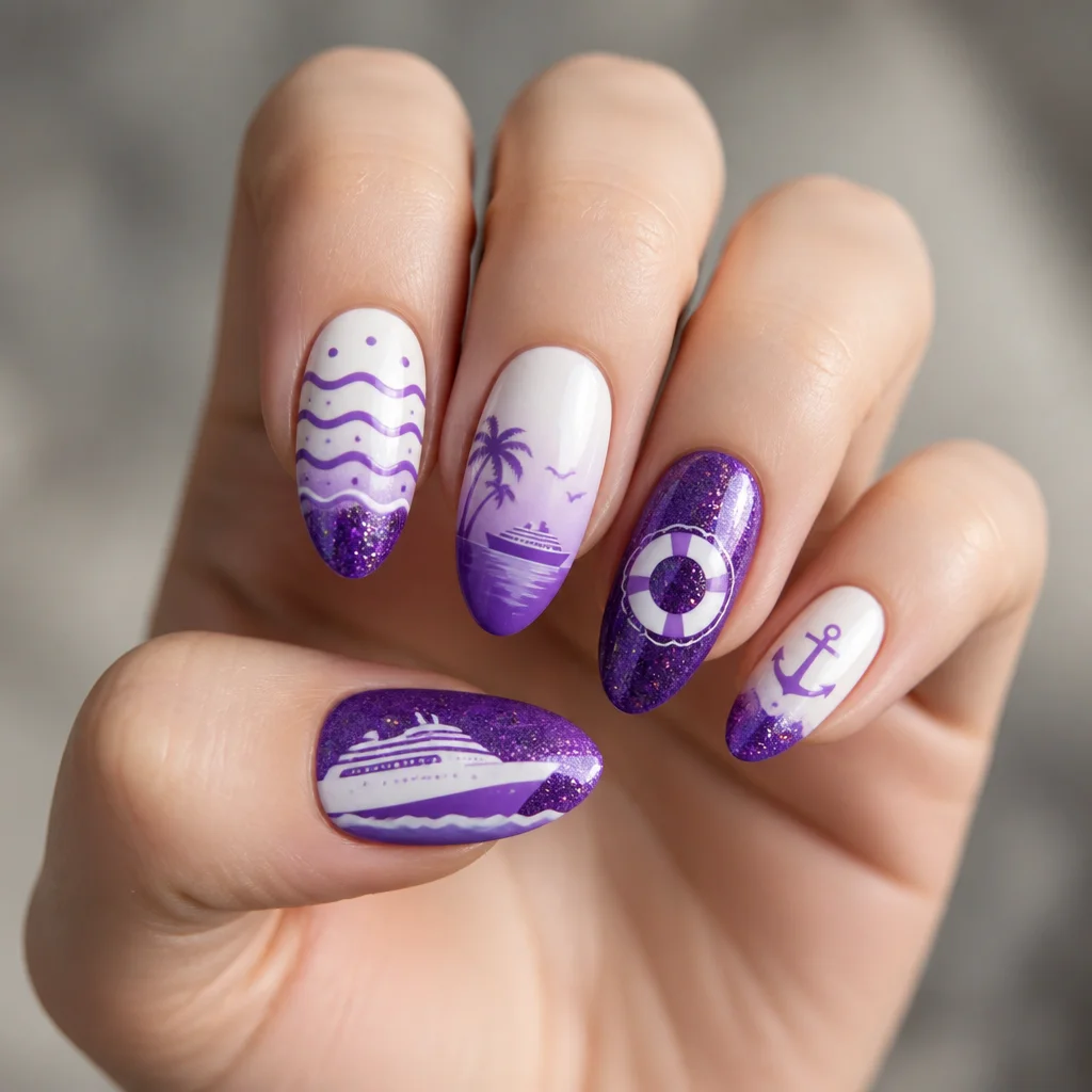 Charming almond shaped purple and white nails with a bubbly cruise theme. Technique used is glitter. Best for light skin tones.