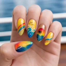 Light-skinned? Flaunt a yellow, cruise-themed, rainbow-style almond-shaped manicure with glitter technique!