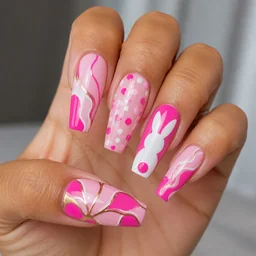 Exquisite hot pink coffin-shaped nails with a dazzling abstract Easter theme, perfected with powder dip for medium-olive skin.