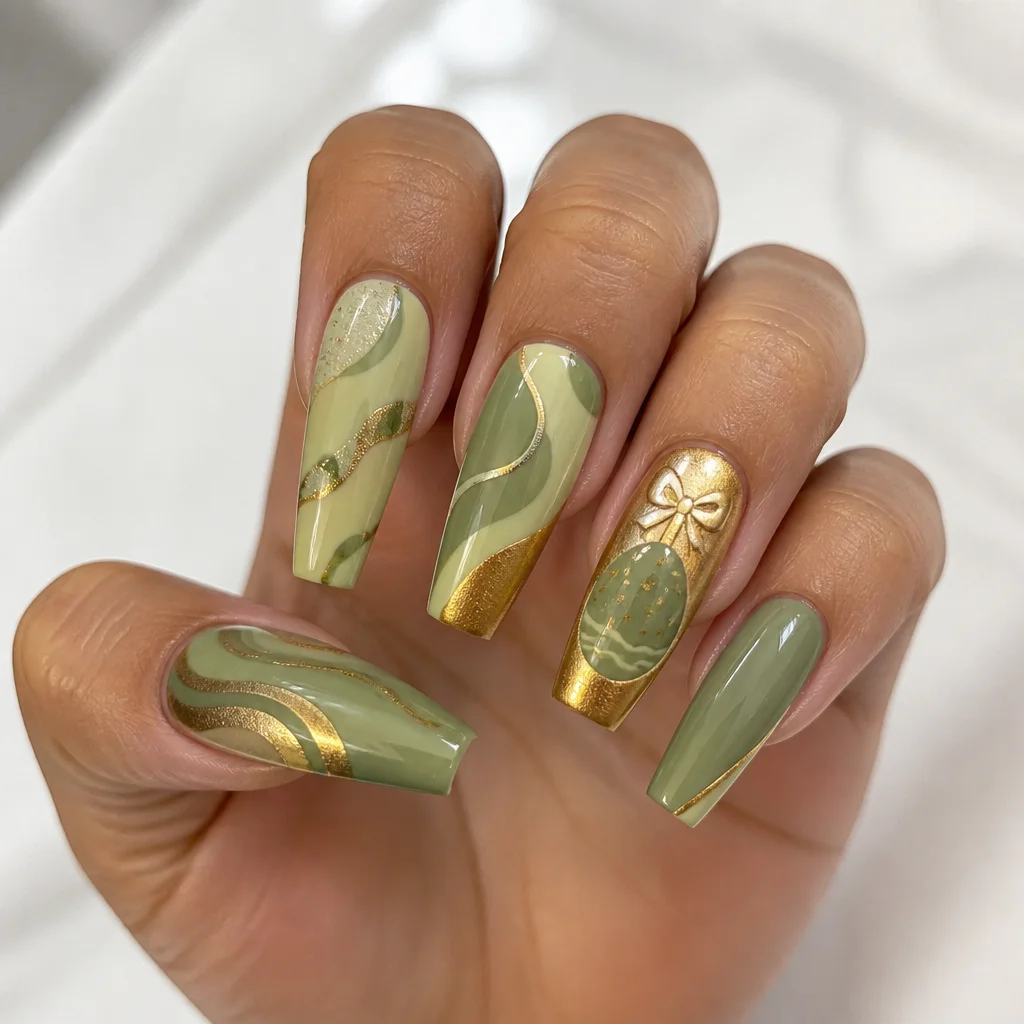 Medium-olive tone complements abstract green and gold coffin-shaped Easter themed powder dip nails.
