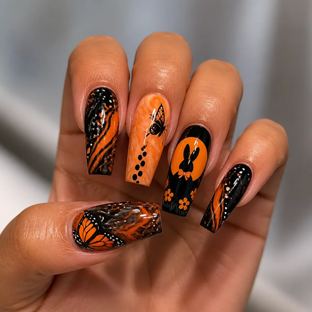 Medium-olive skin tones highlight a coffin-shaped, Easter-themed marbled look in black, orange, and butterfly style.