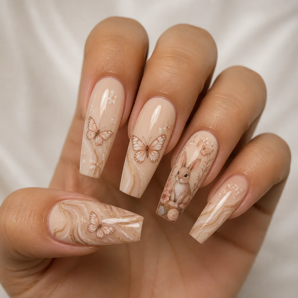 Medium-olive skin tone flaunts beige, coffin-shaped nails with a marbled easter butterfly theme.