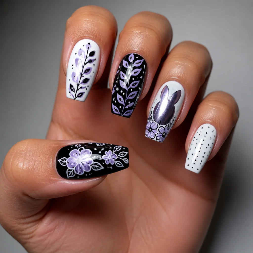 Medium-olive skin complements this coffin shaped nail design, combining black and white chrome with a lilac Easter theme.