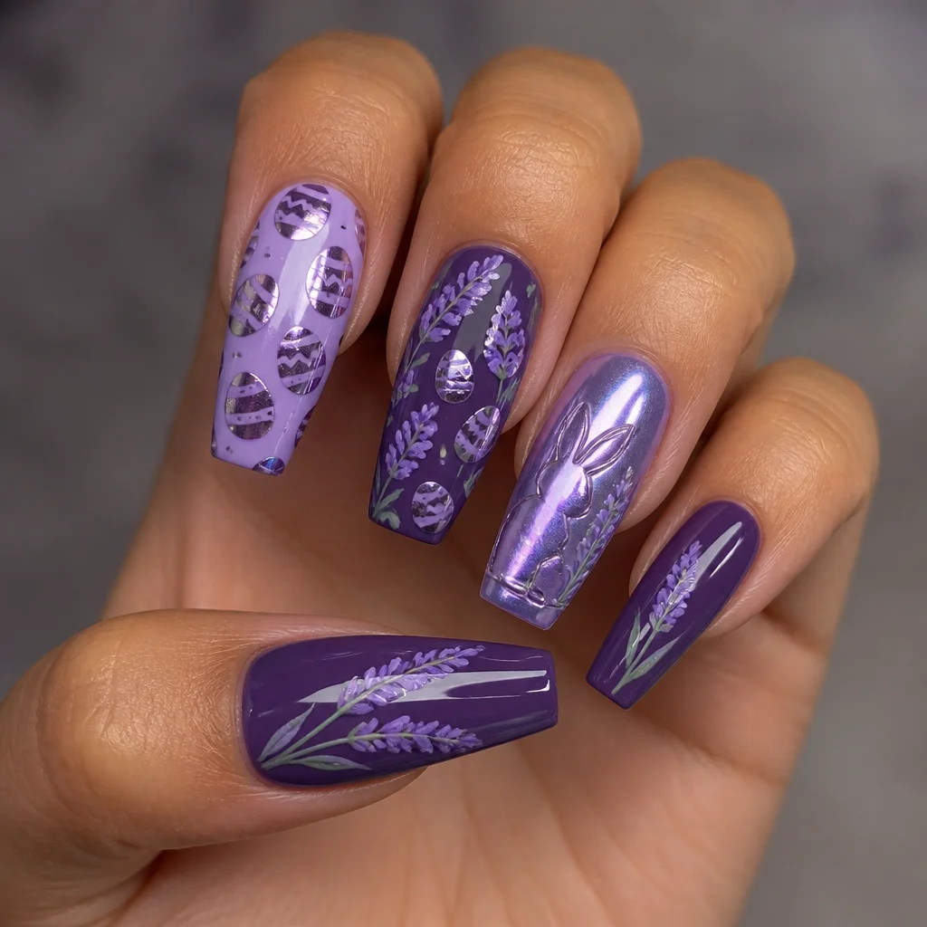 Step up your Easter look with dark purple coffin shaped nails with chromed lilac style on a medium-olive skin.