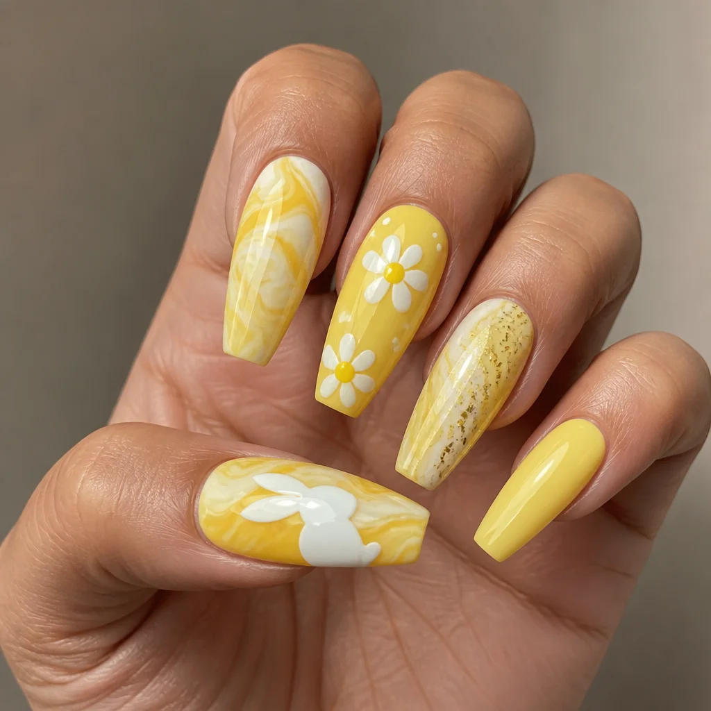 Celebrate Easter with yellow, small coffin-shaped nails with marble technique on medium-olive skin.
