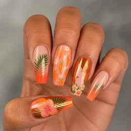 Medium-olive skin toned, coffin-shaped nails colored orange with a tropical Easter theme featuring a chrome technique.