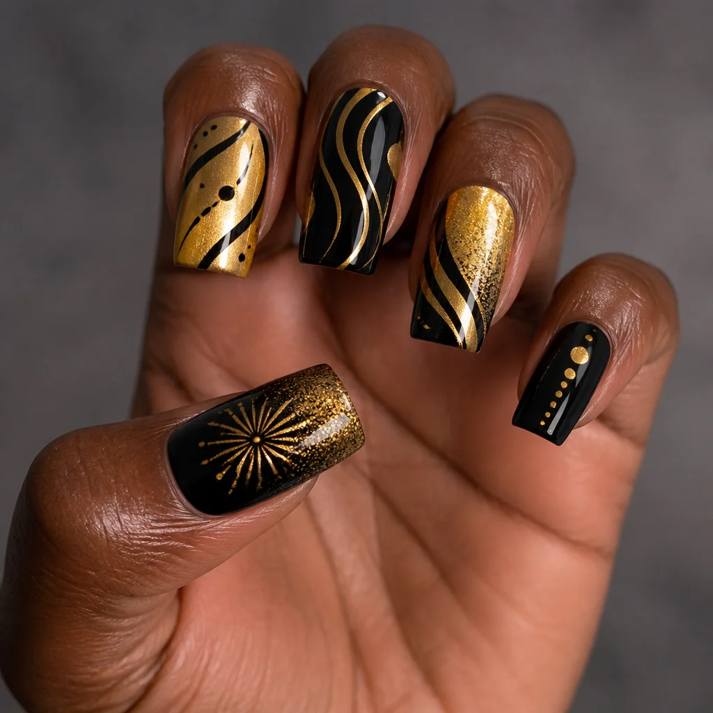 Celebrate with basic style, square, black & gold dipped nails, excellent on deep skin tones.