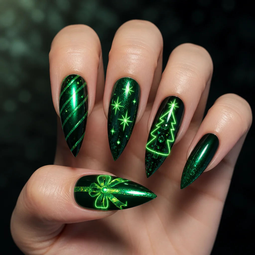 Light-skinned? Try our emerald green, neon-themed, holiday stiletto nails with glitter technique.