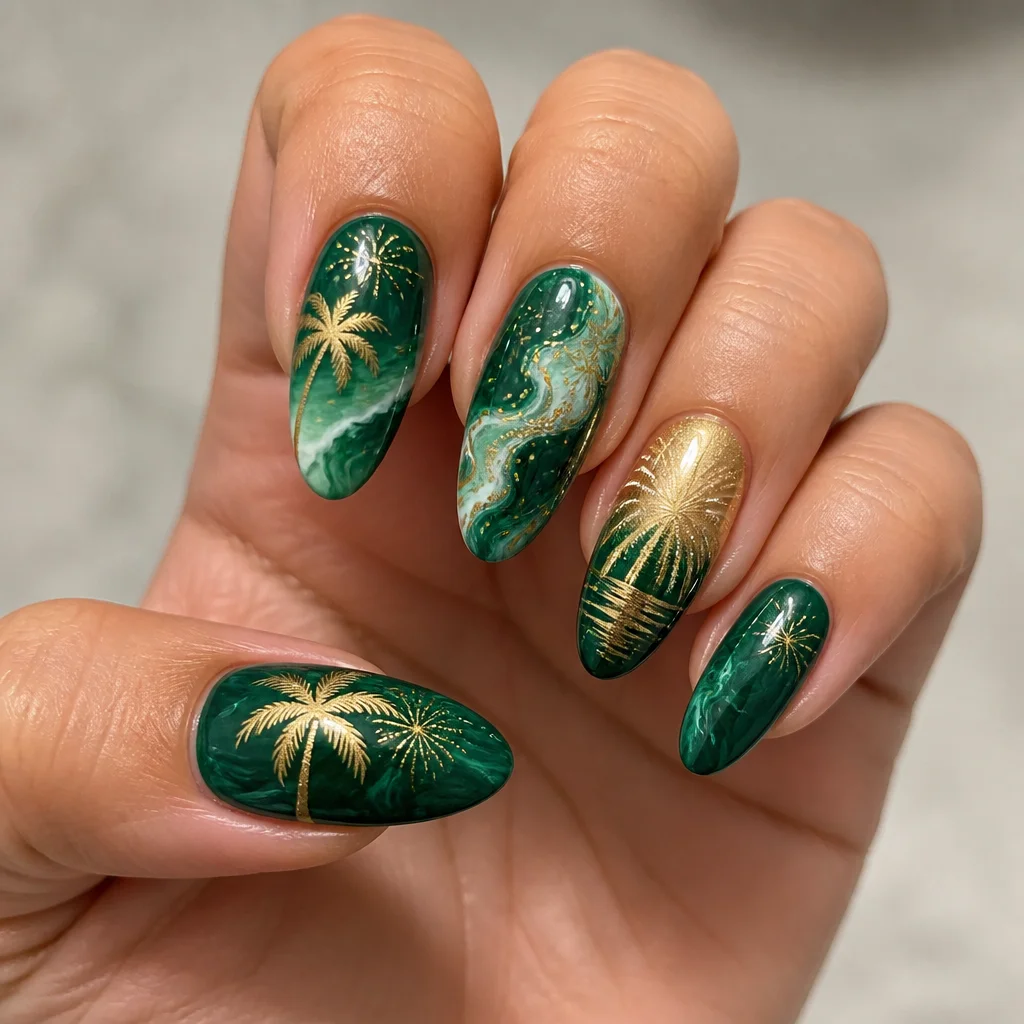 Medium-olive skin glossy with an emerald green, almond shape, palm tree nail art having marble technique for the new year.