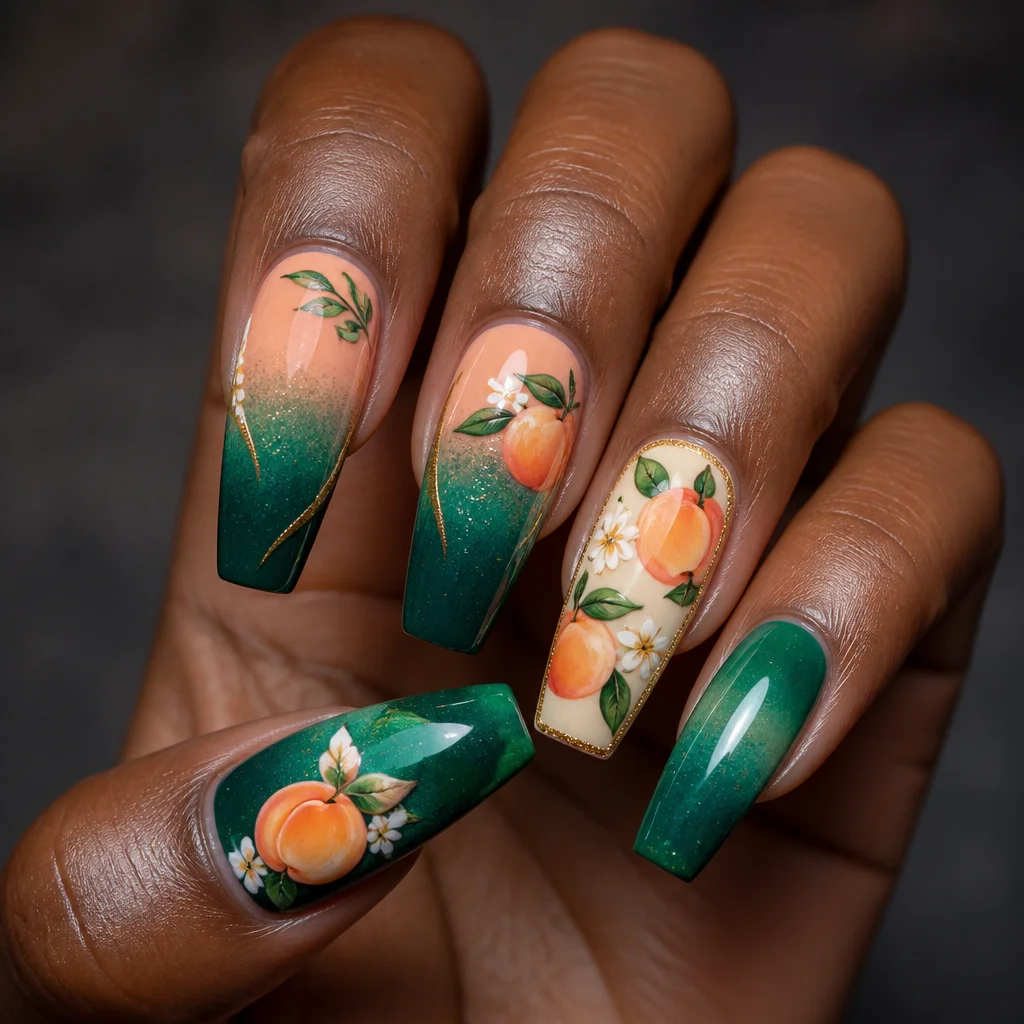 Rock the party with emerald green, peach-style ombre dip powdered coffin nails fitting deep skin tones.