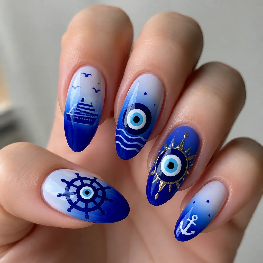 Almond-shaped nails featuring a royal blue ombre evil eye design, perfect for light skin tones and a cruise theme.