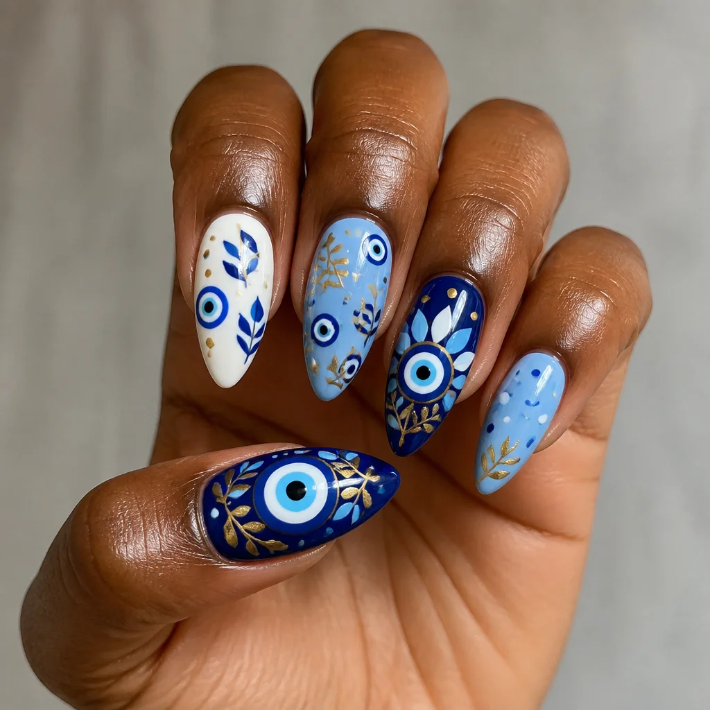 A Thanksgiving-themed deep skin toned evil eye design, with a dip technique on almond-shaped blue nails.