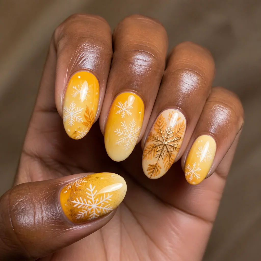 Gorgeous deep skin tone accentuated by a yellow fall-themed snowflake design on oval nails using ombre dip powder technique.