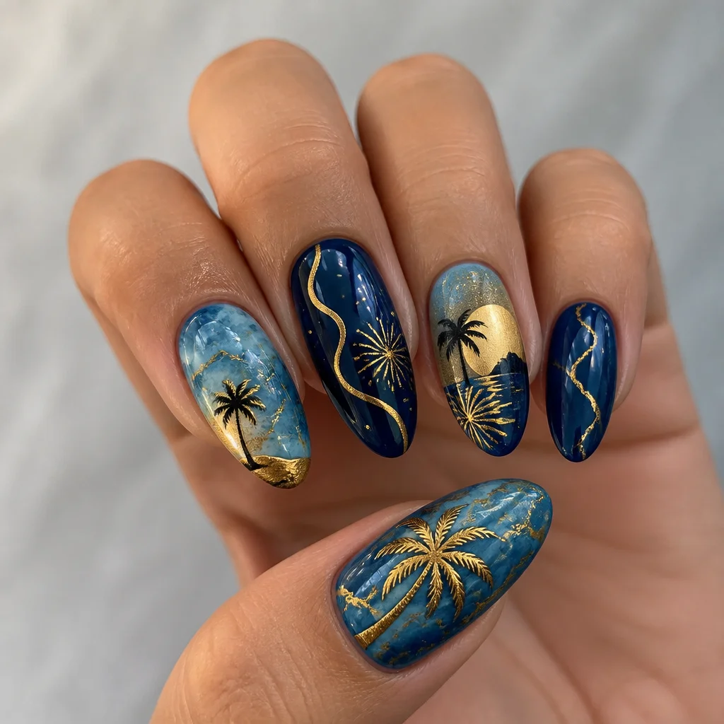Medium-olive skin tone? Try this blue and gold palm tree-themed marble technique for a festive New Year look!