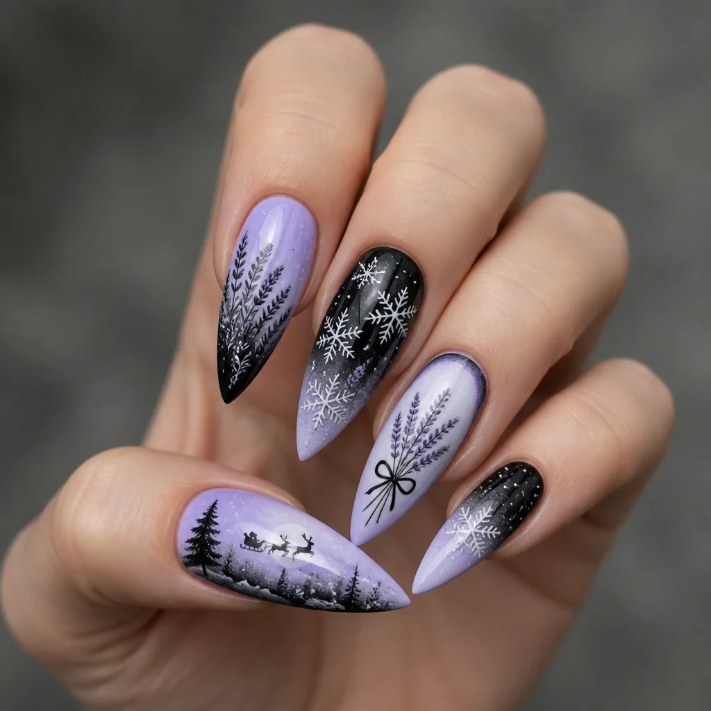 A unique Christmas themed black and white stiletto airbrushed with a hint of lavender. Perfect for fair skin.