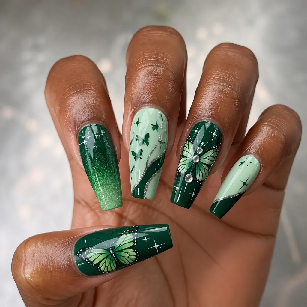 Dip technique used for a party-themed coffin nail shape in a green Christmas color styled as butterflies on deep skin tones.