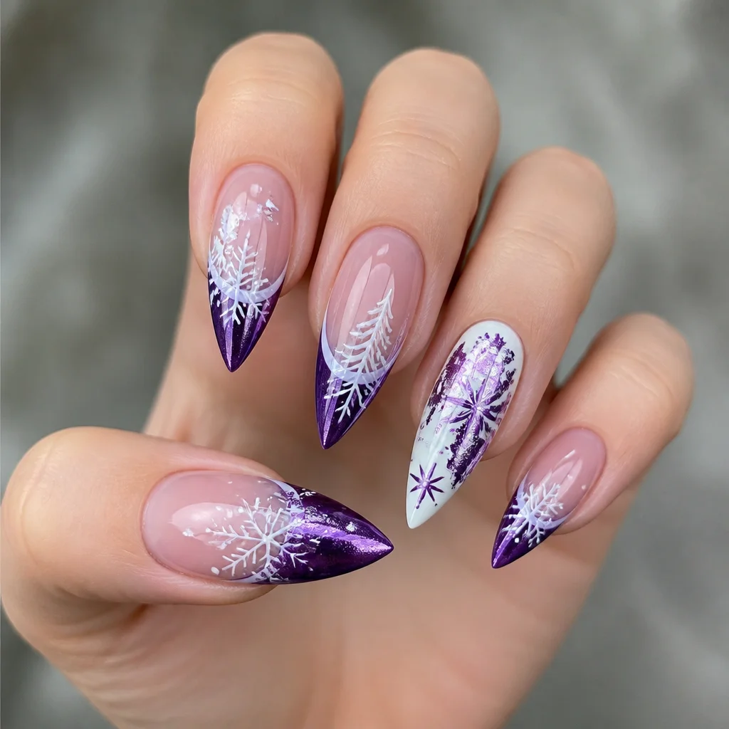 Elegant festive stiletto nails in purple and white foil with french tips. Perfect for fair skin tones.