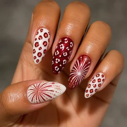 Medium-olive skin toned almond-shaped nails with a festive red and white leopard print, made using a powder dip technique.