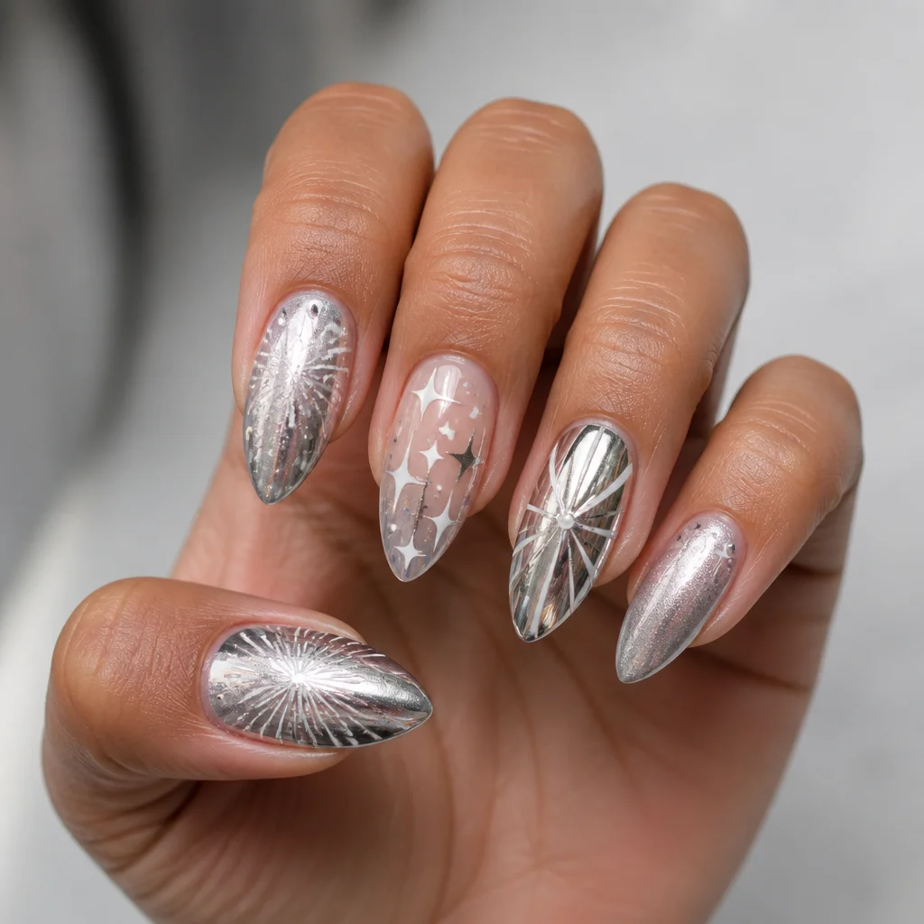 Medium-olive skin tone shines with this fun, New Year-themed chrome technique on almond-shaped, silver nails.