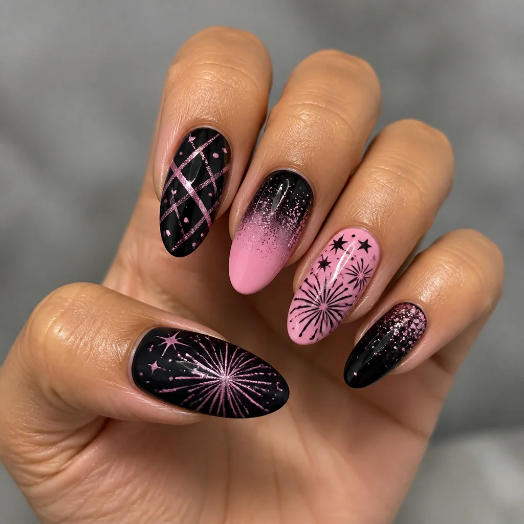 Celebrate New Year with medium-olive skin tone friendly almond shaped clear style nails in black and pink using powder dip technique.