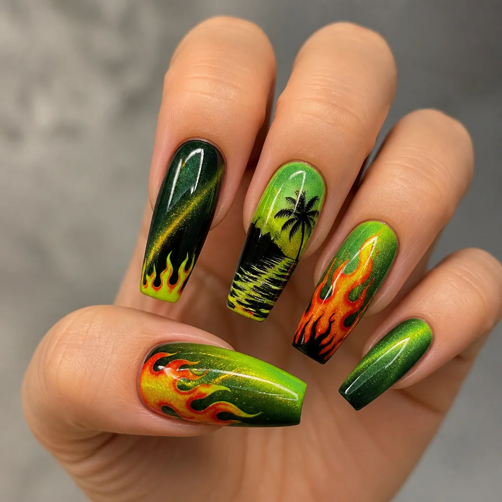 Rock lime green coffin-shaped nails with beach theme in fiery style, using cat eye technique, perfect for light skin tones.