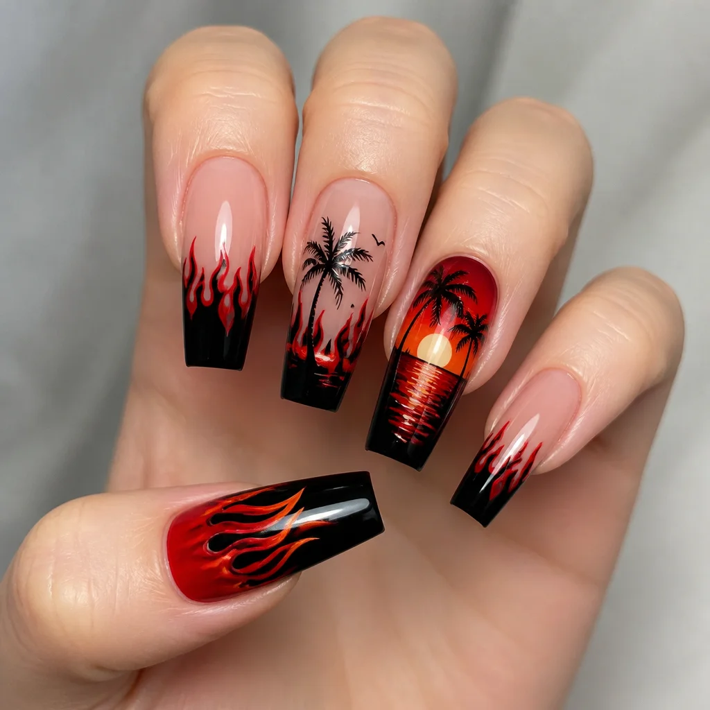 Flaunt your fair skin with fiery, black and red, coffin shaped nails. Opt for a French tip style.