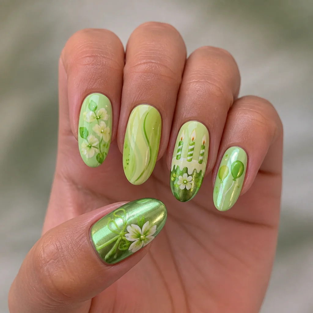 Celebrate birthdays with lime green oval nails styled with floral chrome on medium-olive skin.