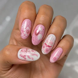 Medium-olive skin flaunts pink, white, chrome birthday theme nails. Features floral style on oval shape.