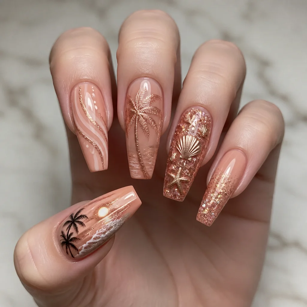 Light skin tone, rose gold coffin-shaped nails, beach-themed, colorful, enhanced with glitter techniques.