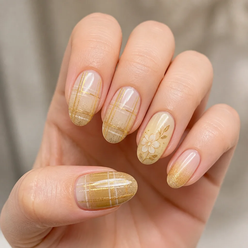 Fair skin glows with an oval gold plaid theme nail art, highlighted by spring-inspired ombre glitter.
