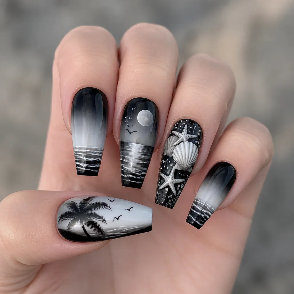 Black and white beach-themed ombre nails. Gothic style on a coffin shape. Ideal for light skin tones.