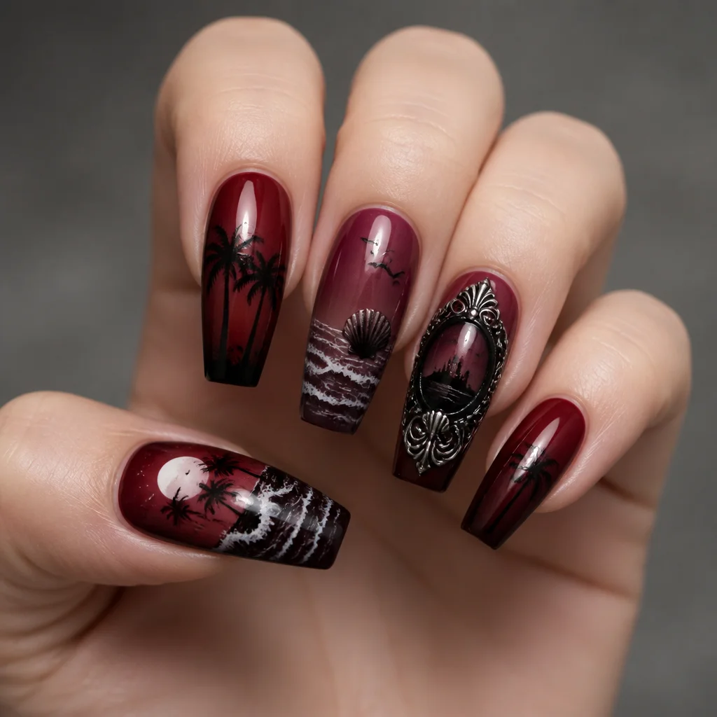 Light skin tone highlights a burgundy beach-themed design; gothic in style with edgy coffin-shaped & ombre nails.