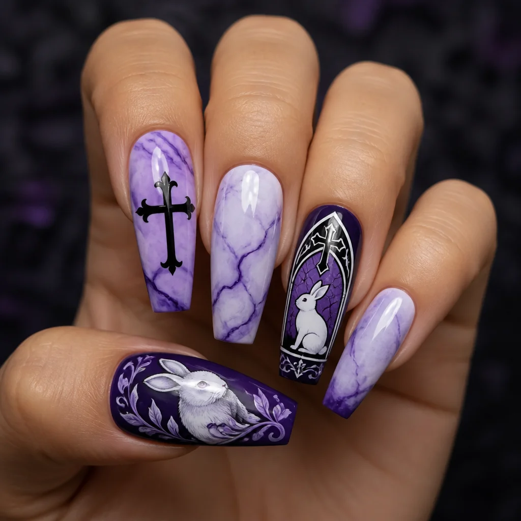 Grace your nails with purple and white gothic marble art, ideal for Easter. Best on medium-olive coffin shaped nails.