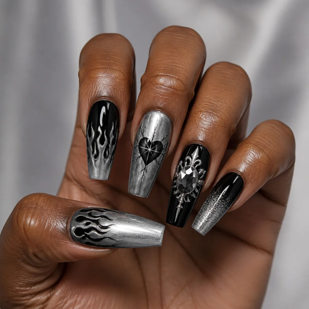 Dazzling silver, gothic-themed party nails with a coffin shape, suited for deep skin tones using the dip technique.
