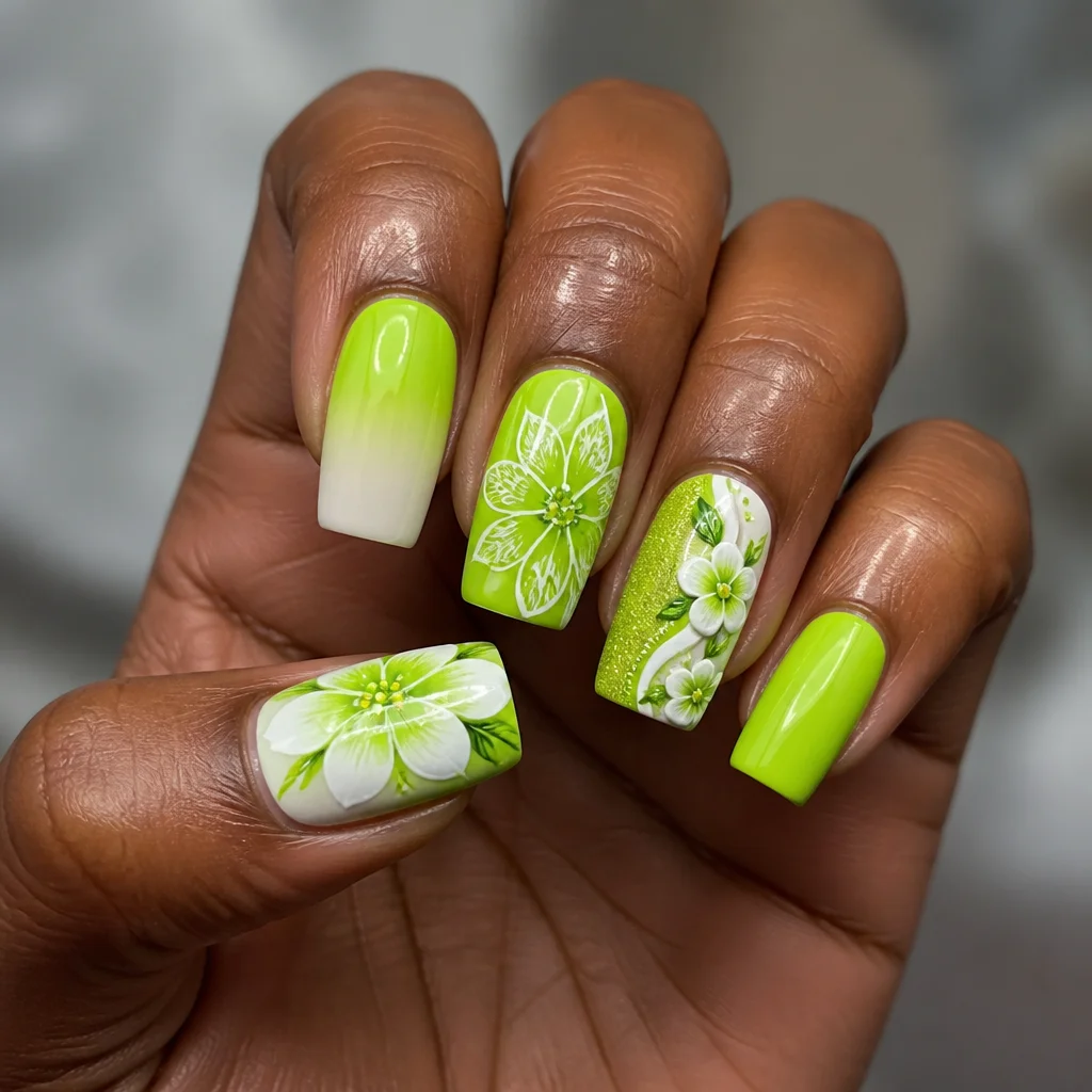 This creation features a vibrant lime green shade, celebration theme with flower style on square nails. Perfect for deep skin tone.