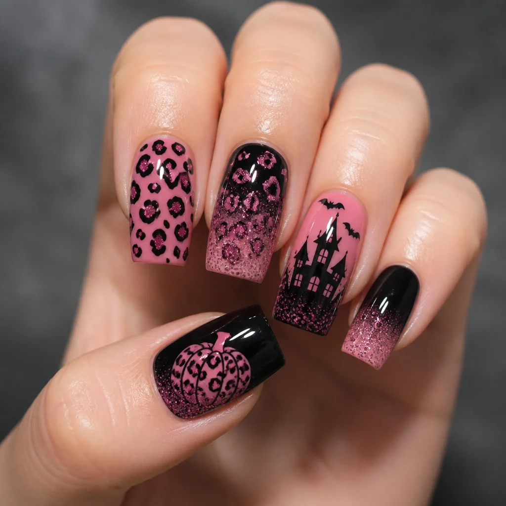 Black and pink ombre glitter nails in stylish cheetah print. Perfect for Halloween on fair, square-shaped nails.