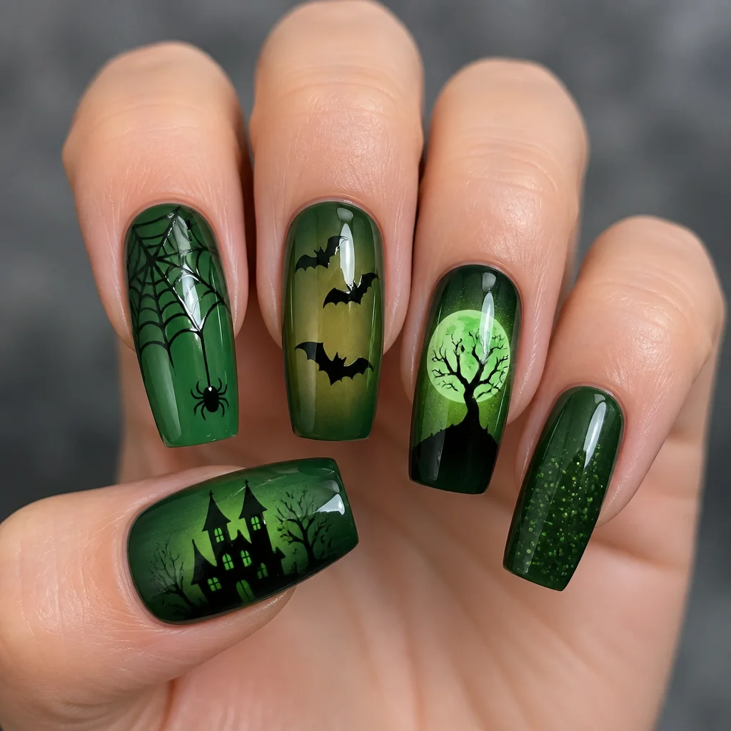 Green Christmas-hued, square-shaped manicure. Perfect for Halloween, designed for fair skin tone using airbrush technique.