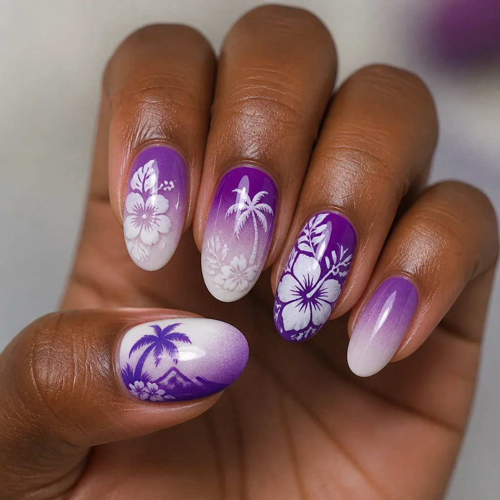 Deep skin tones pop with this oval-shaped, purple and white ombre dip powder nail look. Perfect for fall with a hint of Hawaii.