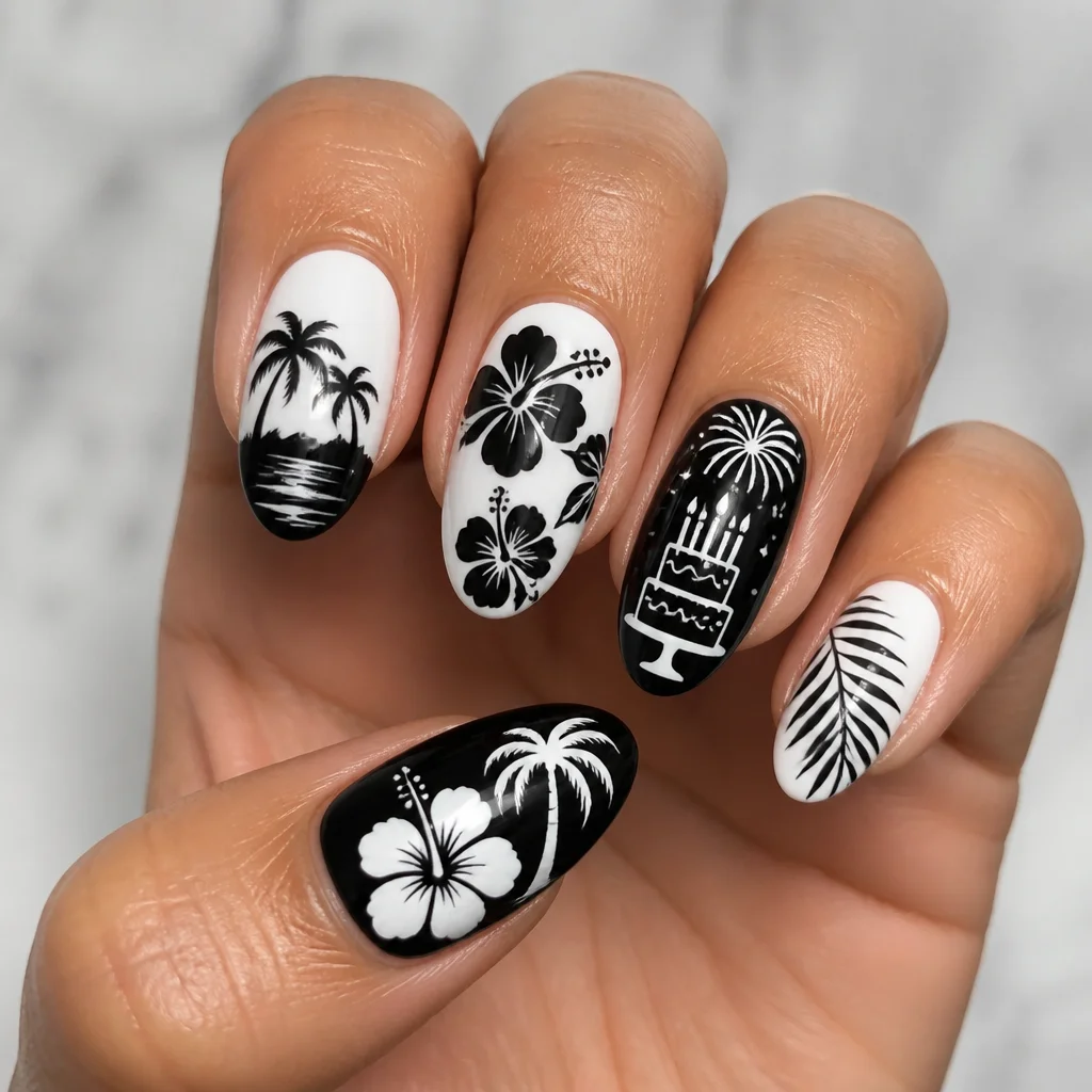 A black and white oval nail look for medium-olive skin. It showcases a Hawaiian birthday theme using the powder dip technique.